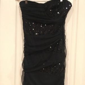 Strapless, sequin, sheer draped cocktail